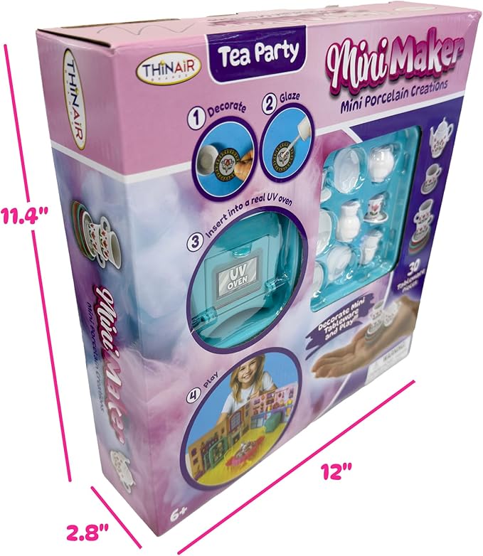 Mini Maker Tea Party Creations – Paint Your Own Tea Set with UV Oven – DIY Ceramic-Like Craft Kit for Girls – Decorate 30 Tableware Pieces, Decals & Glaze – Ages 6+