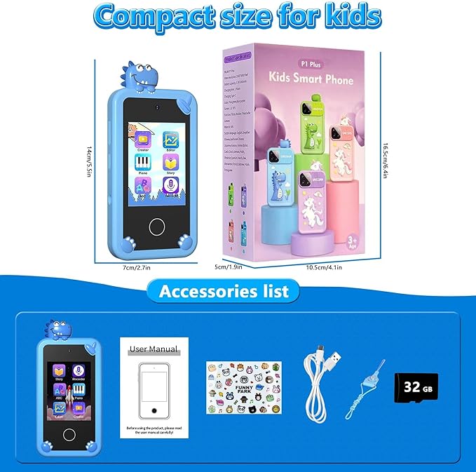 BEBESIRI Kids Camera Mini Smartphone Toy for Girls, 2.8" Touch Screen, 22 Learning Games, Dual Camera, Music Player, 32GB Card, Christmas Birthday Gift, (Blue Dinosaur)