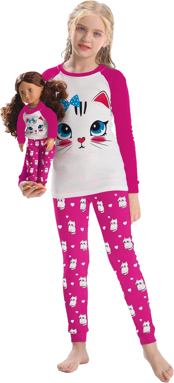 Babyroom Girls Matching Doll&Toddler 4 Piece Cotton Pajamas Toddler Christmas Sleepwear