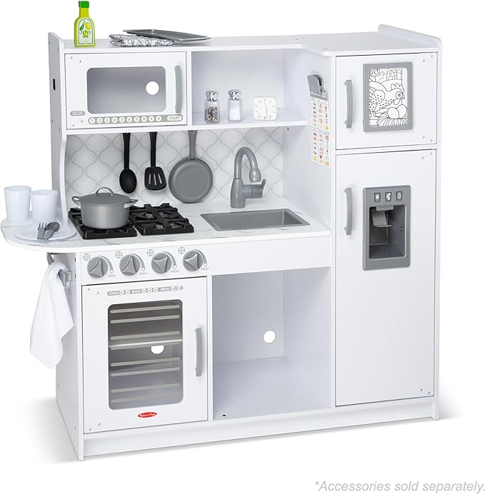 Melissa & Doug Wooden Chef's Kitchen Set for Kids with Play Kitchen Accessories & “Ice” Cube Dispenser, Preschool Learning Toys for Girls & Boys 3+, Cloud White - FSC Certified