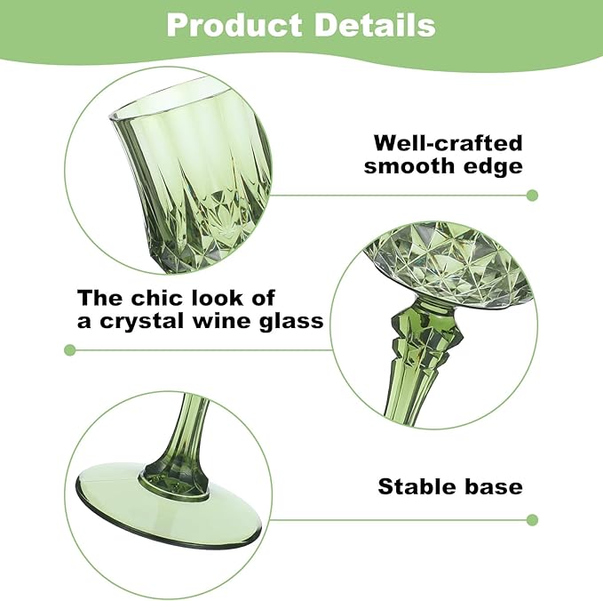 Limbeuuu 12 Pcs 7oz Plastic Vintage Wine Glasses Drinking Glasses Unbreakable Wedding Glassware Crystal Water Goblets Reusable Drinkware Vintage Champagne Flutes (Dark Green)