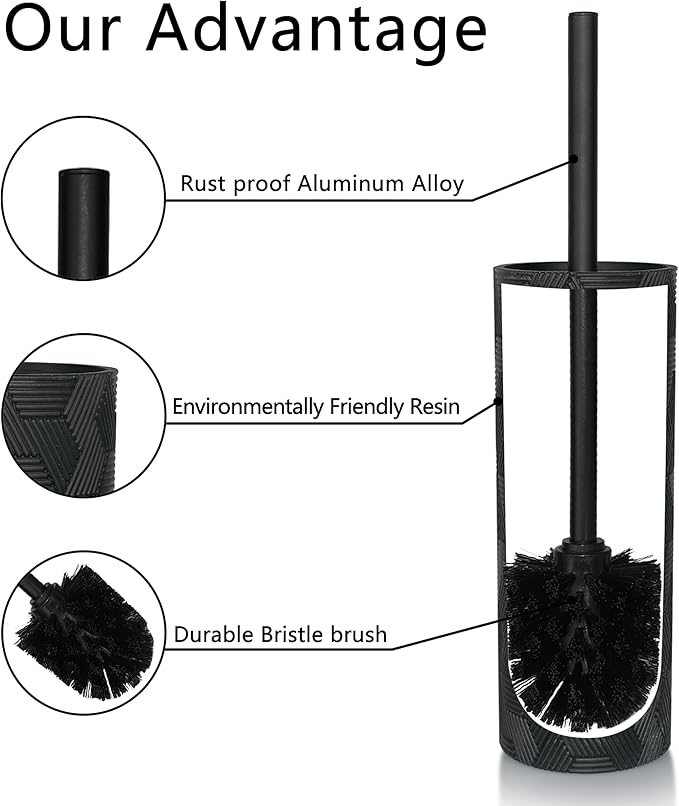 Indecor Home Matte Black Geo Design Resin Toilet Bowl Holder and Brush Set, Stylish Geometric Design with Durable Bristles, Compact and Modern