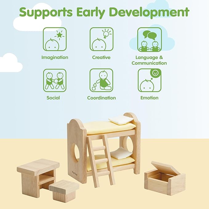 PlanToys® Wooden Children’s Room Classic Set for Montessori Small World Play | Creative Role Play and Social Interaction | Eco Friendly Wooden Dollhouse Bedroom Furniture for Imaginative Play