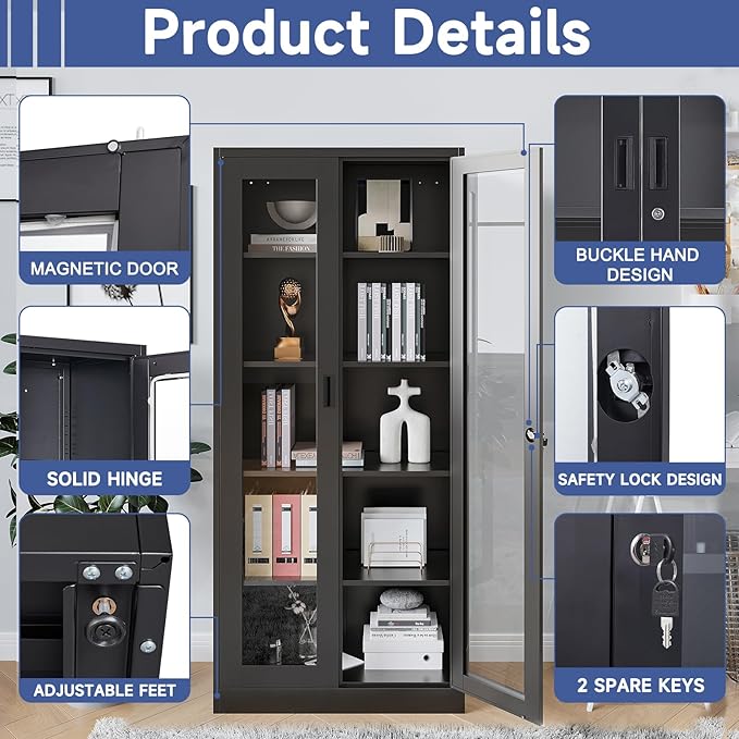 Display Cabinet with Glass Doors, Display Case Cabinet for Collectibles, Curio Display Cabinet with 4 Adjustable Shelves, 71"" Glass Display Cabinet for Home Office (Black), MSC-0818