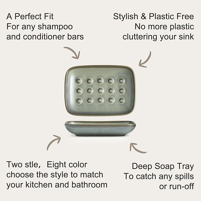 Ceramic Soap Dish for Shower, Non-Slip Bar Soap Saver Tray Bar for Bathroom Kitchen Sink Bathtub, Easy to Clean, Raised Pattern - Keep Soap Dry, Dark Green