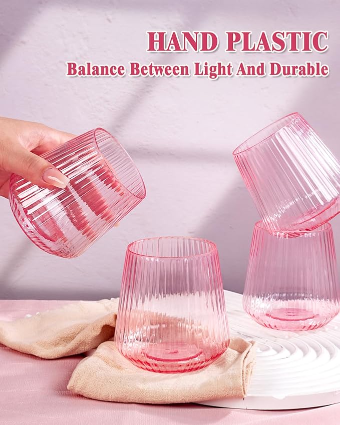 30 Pack Pink Plastic Ribbed Wine Glasses, 14 OZ Origami Stemless Disposable Wine Champagne Whiskey Glasses Unbreakable Clear Plastic Cocktail Glasses, Wine Cups for Party Wedding & Valentine's Day