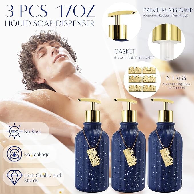 WSBArt 17PCS Bathroom Accessory Set Bathroom Set Navy Blue Bathroom Accessories,Toilet Brush, Trash Can, Qtip Holder Dispenser& 3PCS Soap Dispenser