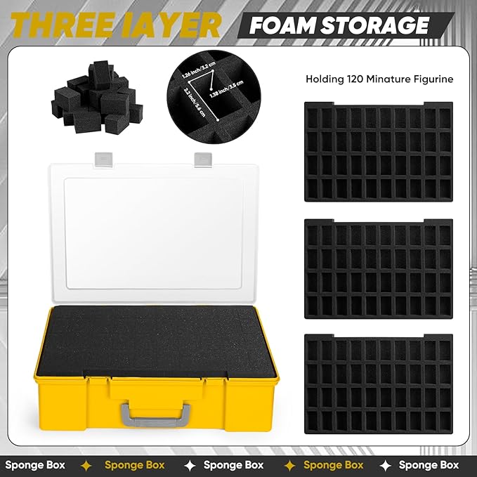 Miniature Storage Carrying Figure Case - 120 Slot Figurine Minature Carrying Case with 3 Foam Layer for Miniatures Compatible with 40k, DND & More (Yellow)