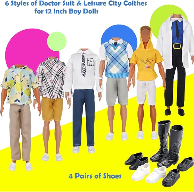 ZTWEDEN 71Pcs Doll Clothes & Accessories for 12 Inch Boy & Girl Dolls - Pet Care Set Includes 25 Wear Clothes, Shirts, Jeans, Suits, Shoes, Pet Doctor Playset, Trolley, Backpack