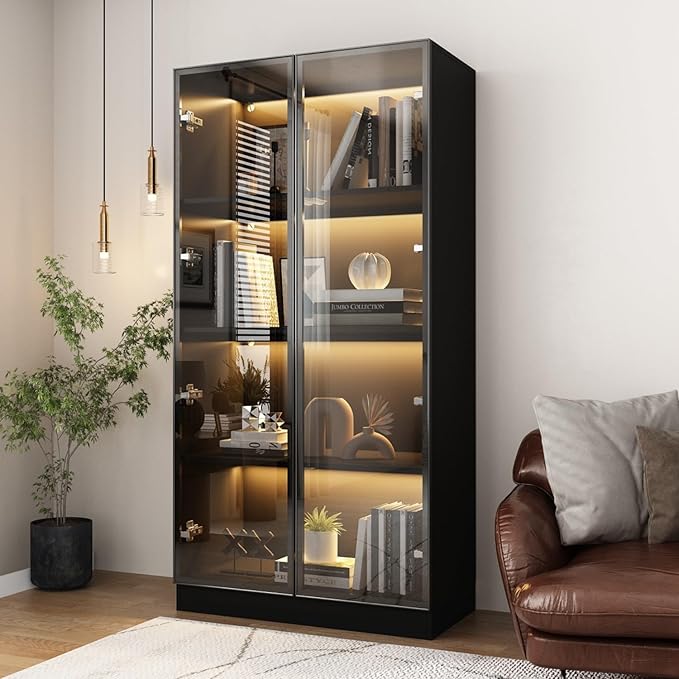 FAMAPY Display Cabinet with Lights, Glass Cabinet with Doors and 4 Tier Shelves, Bookcase Display Case for Collectible, Living Room Office, Black 31.5”W x 15.7”D x 63”H