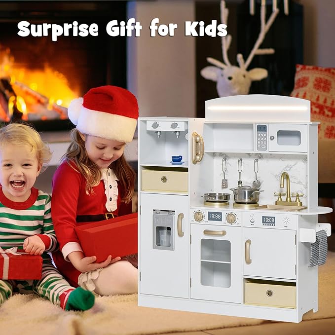INFANS Kids Kitchen Playset with Lights, Toddler Wooden Pretend Cooking Set with Coffee Maker Ice Maker Stove Sink Microwave 2 Storage Bins, Simulation Play Kitchen Toy for Children Boys Girls