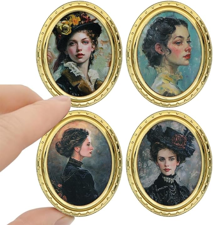 iLAND Miniature Dollhouse Accessories, 4 Dollhouse Picture Frames Set w/ 4 Beauty Portraits (4 Gold-Toned Oval Frames w/ 4 Pictures)