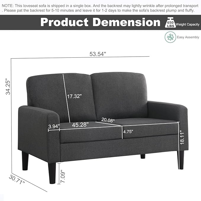 asunflower 52Inch Small Loveseat 2 Seater Couch for Small Spaces Comfy Linen Fabric Love Seat Sofa Office Couch Tool-Free Assembly for Bedroom,Drom Room,Kid's Room,Grey