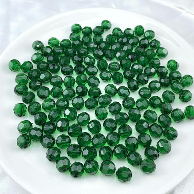 Jmassyang 200 Pieces 10mm Acrylic Round Faceted Beads Loose Crystal Plastic Spacer Beads Colorful with Hole for Jewelry Making DIY Bracelet Necklace Earring Keychain(Deep Green)