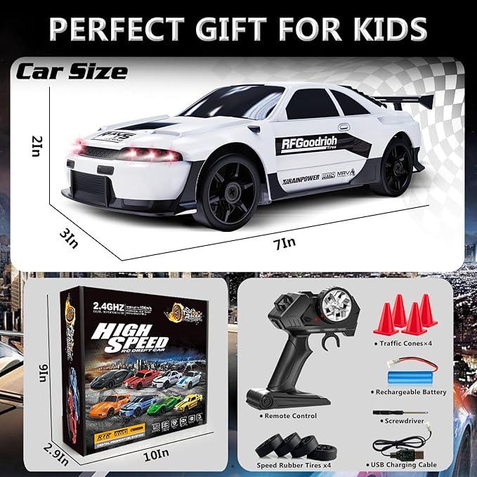 RC Drift Car 1:24 Remote Control Car 4WD 15KM/H High Speed Racing Sport Car with LED Lights RC Cars Toy for Kids Boys Girls Adults Gifts Birthday Christmas Rechargeable Batteries