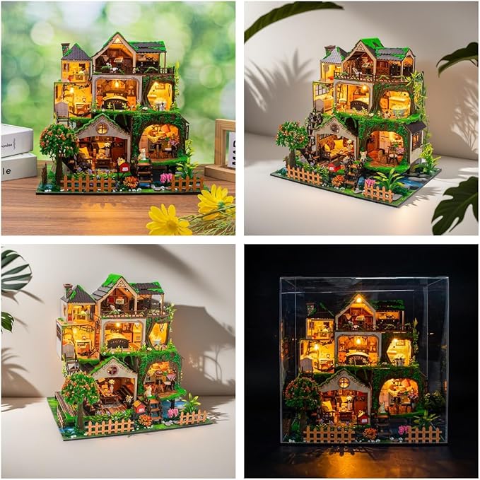 Yuzhen DIY Miniature Dollhouse with Furniture and LED Lights, Wooden Dollhouse Includes Dustcover and Music Movement, Delicate Home Decor