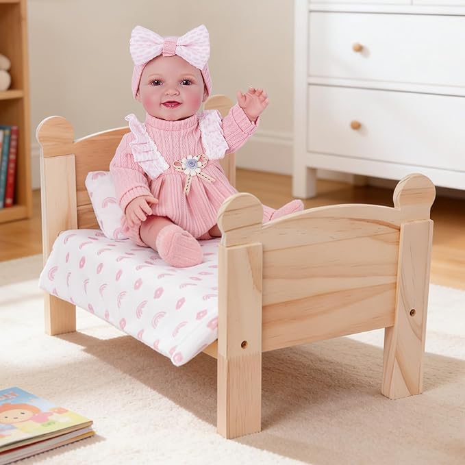 BABESIDE 3 Pcs Baby Doll Crib with Bedding Set for 12-16 Inch Babydolls, Wooden Dolls Furniture Doll Bed with Pillow and Blanket for Realistic Baby Doll Accessories