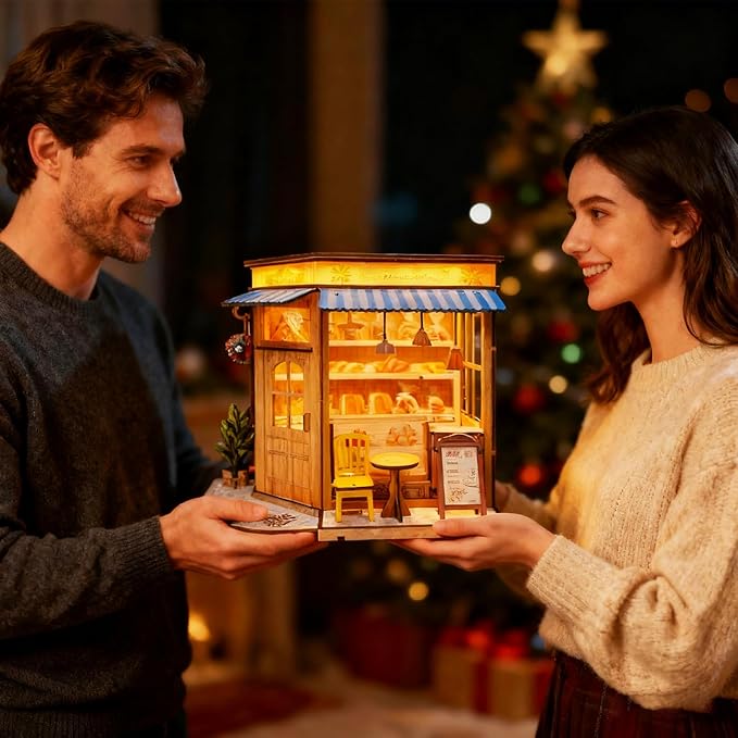 DIY Miniature House - LED Lighting Book Nook Kit Dollhouse Kit for Adults and Teens, Book Nook Tiny House Bookshelf 3D Wooden Puzzle, Gifts for Family Friends (Bakery)