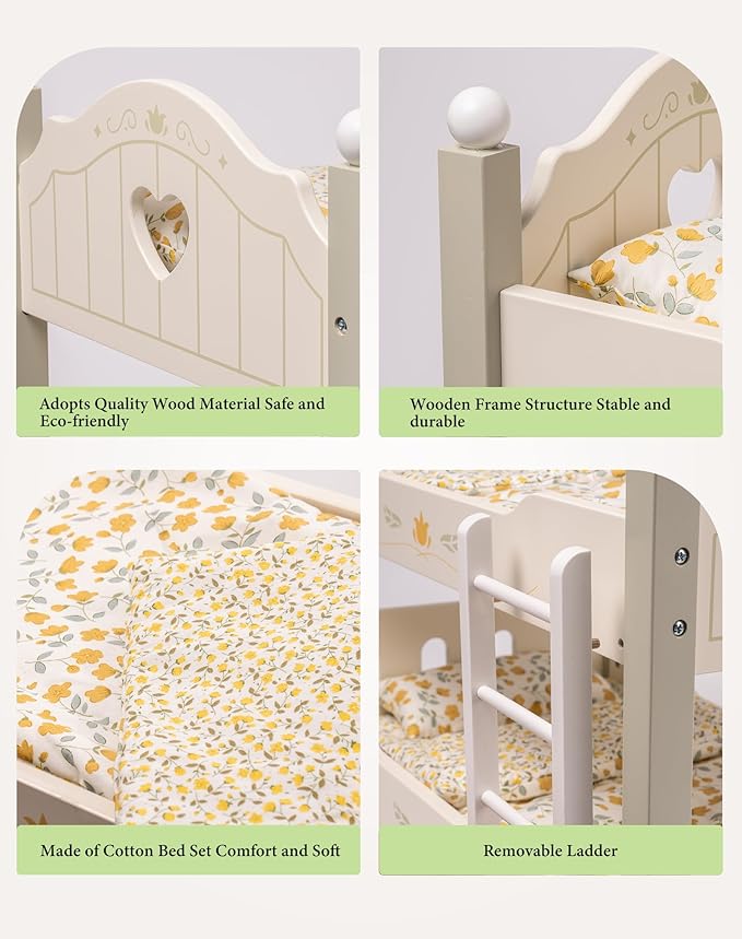 ROBUD Baby Doll Crib, Wooden Baby Doll Beds for 20 Inch Dolls, Green Baby Doll Bunk Beds with Tulle, American Girl Doll Bed for Gifts, WRP11