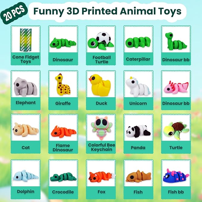 20 Pcs 3D Printed Animals for Kids, 3D Printed Toys for Flexible Mini Articulated Animal Set, 3D Print Fidget Toy Bag Keychains, Home Office Desk Decor Bathroom Toys Kids Hallowmas Gifts