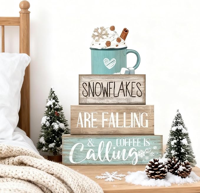 Moucuny 4 Pcs Winter Table Decor Wooden Milk Cocoa Decoration Winter Tiered Tray Centerpiece Decorative Blue Hot Cocoa Block Signs Gift Farmhouse Decoration for Home Kitchen