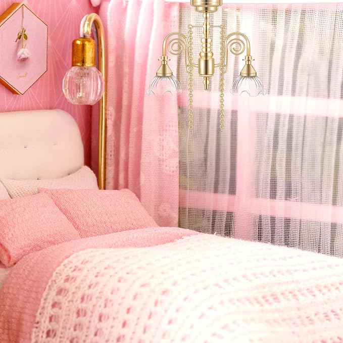 Toyvian Miniature Dollhouse Chandelier: 1/12 Scale Dollhouse Ceiling Lamp Led Battery Operated, Chrystaline Miniature Lamp for Doll House Decoration Accessories