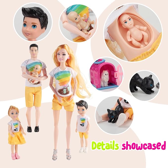 Dolls Set of 6 People with Dollhouse Pets Included Pregnant Mom Dad 3 Kids and Baby Boy in Mommy's Tummy, Doll Playsets and Accessories for 3-12 Years Old
