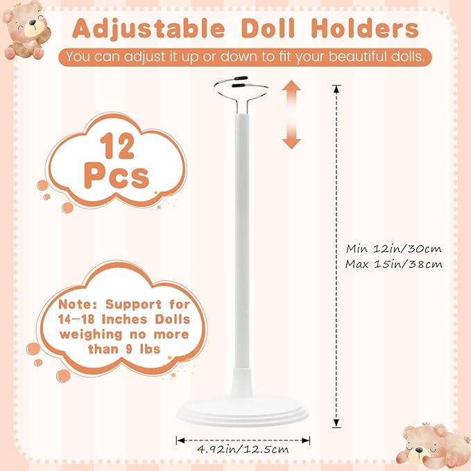 Yaocom 12 Pcs Adjustable Doll Stand Display Holder for 14 to 18 Inches Action Figure Stands with Expandable Waist Wire Bracket Support Dolls Display Rack for Home Shop Birthday Party(White)