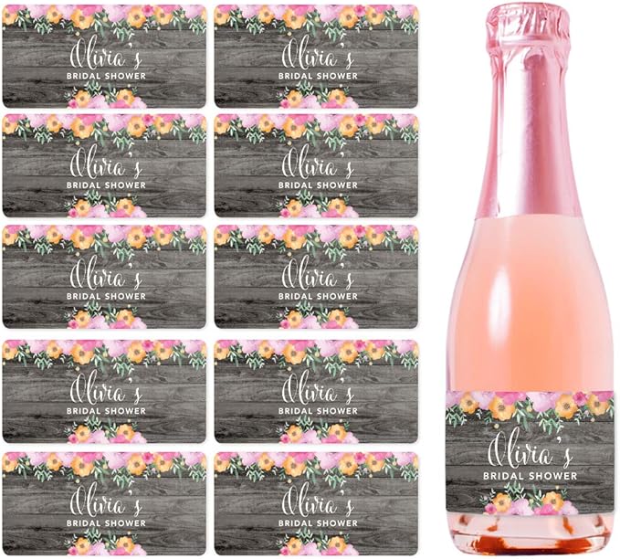 Andaz Press Personalized Mini Champagne Wine Bottle Labels, Olivia's Bridal Shower, Date, Rustic Gray Wood Floral Flowers, 20-Pack, Custom Mini Champagne Favor Gift Stickers