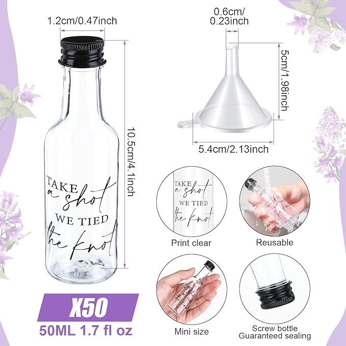 Bokon 50 Pcs Mini Wedding Liquor Bottles Take a Shot We Tied The Knot Shot Glasses for Guests 1.7 Fl Oz/ 50 ml Plastic Reusable Empty Bottle with Cap Funnel Acrylic Mini Glasses for Bridal (Black)