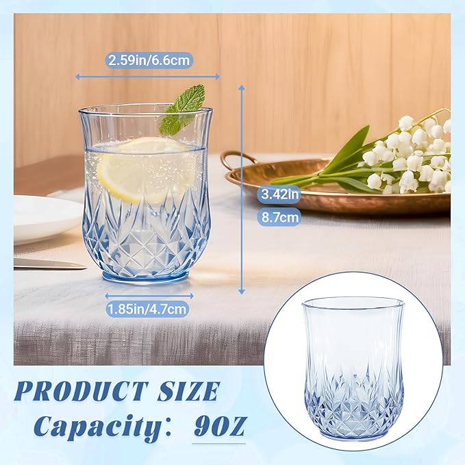 LEYIQU Stemless Wine Glasses, Plastic Reusable Cups Vintage Drinking Glasses Tumblers, Valentine’s Day Gifts for Couples, for Whisky, Beer, Juice, Beverages, Cocktai (24, Blue)