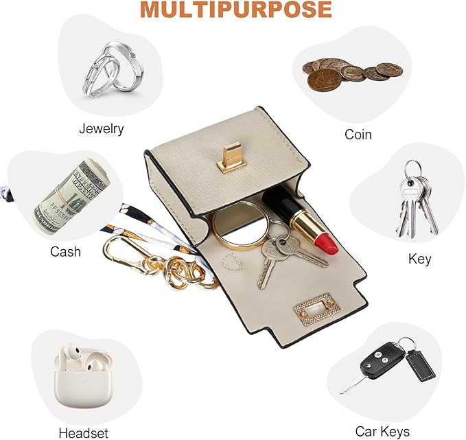 Mini Backpack Keychain, Leather Small Coin Purse for Women, Cute Hand Bag Charms with Key Holder & Twist-lock (Beige)