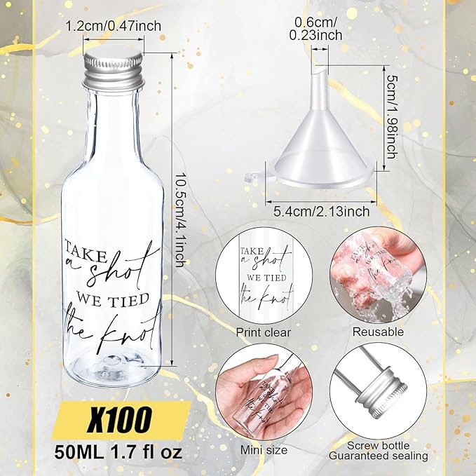Bokon 100 Pcs Mini Wedding Liquor Bottles Take a Shot We Tied The Knot Shot Glasses for Guests 1.7 Fl Oz/ 50 ml Plastic Reusable Empty Bottle with Cap Funnel Acrylic Mini Glasses for Bridal (Silver)