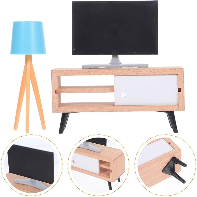 Toyvian Dollhouse Miniature Tv Set: 1/12 Scale Dollhouse Furniture with Television Cabinet Floor Lamp Model - Realistic Design - Ideal for Mini House, Cake Topper