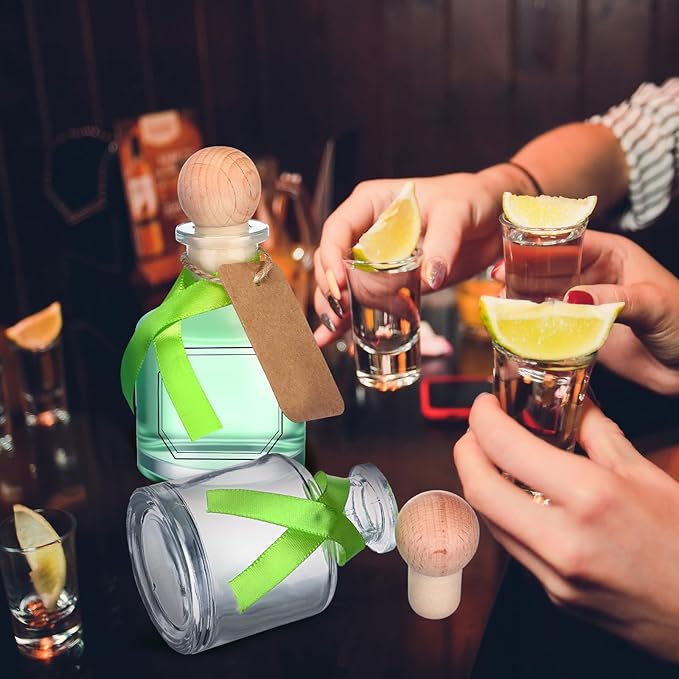 Baderke 12 Pcs 50 ml /1.7 oz Patron Shot Bottles Empty for Drinks Mini Tequila Shot Bottles Patron with Cork Lids Green Ribbon Reusable Glass Bottle for Weddings Birthday Party Favors DIY Crafts