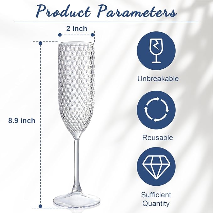 Plastic Champagne Flutes Champagne Glasses Unbreakable Wedding Toasting Glasses Reusable Diamond Wine Glasses Crystal Clear Party Wine Cups Vintage Drinking Glasses 5.5 OZ for Wedding (24, Crystal)
