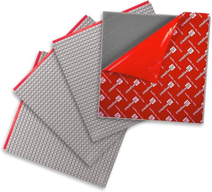 Creative QT Peel-and-Stick Building Baseplates - 4-Pack 10 x 10 in Gray Adhesive Brick Baseplates for Building Toy Brick & Block Play on Tables & Walls - Stackable Creative Building Toy Pack