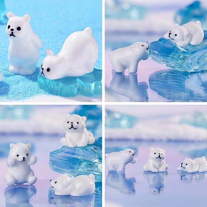 40 Pcs Mini Resin Polar Bear Figurines with Snowflakes Tiny Little Winter Resin Animal Miniature Figures for Holiday Crafts Garden Micro Landscape Home Table Decor