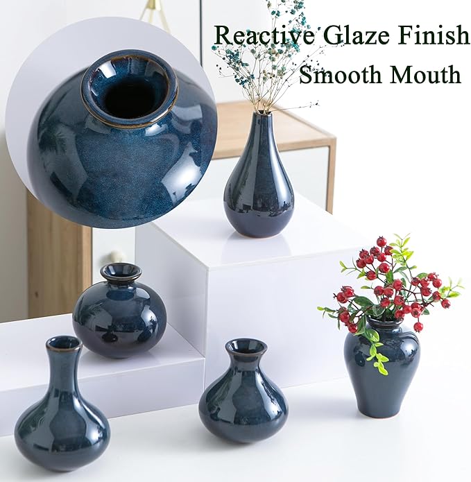 Small Ceramic Vase Set of 5, Blue Bud Vase, Boho Decorative for Fireplace, Entryway and Living Room, Centerpiece Table Decorations