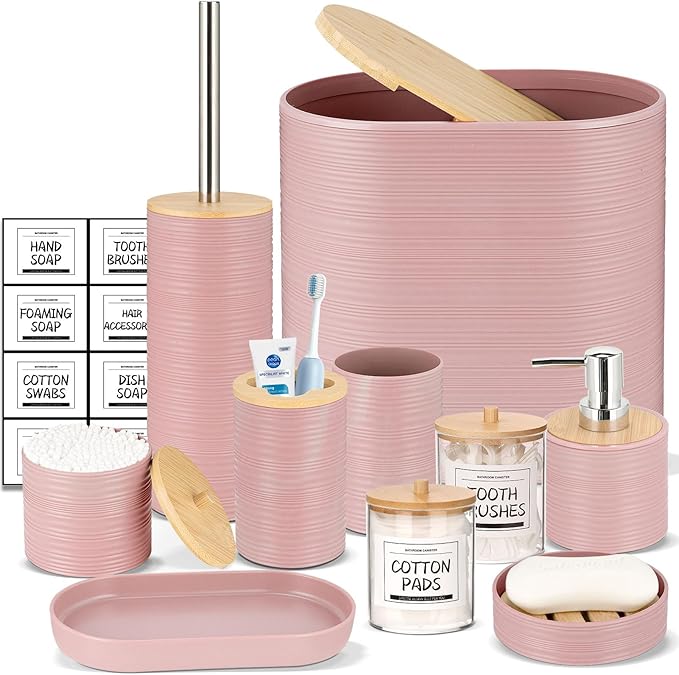 IMAVO Bathroom Accessory Set-11Pcs Pink Bathroom Accessories Set with Trash Can,Soap Dispenser,Soap Dish,Toothbrush Holder,Toothbrush Cup,Toilet Brush Holder,Qtip Holder Dispenser with Labels