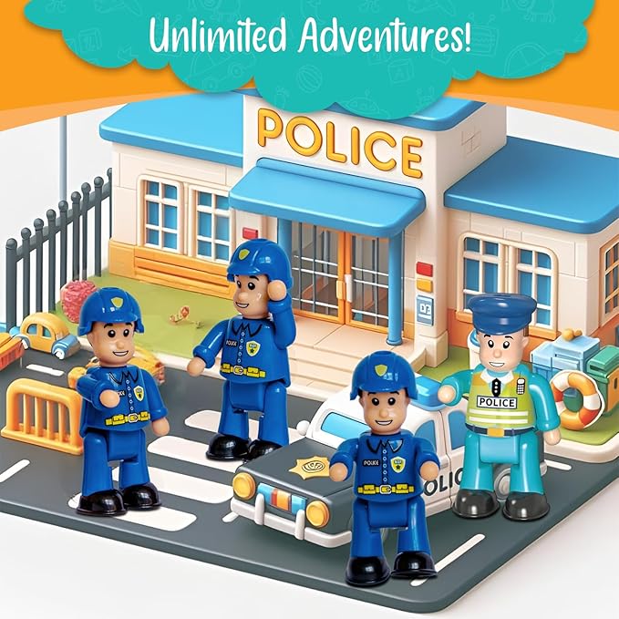 FUNERICA Police Figurines Set – 4-Pack Police Officer Toys for Kids with 3 Policemen and 1 Police Chief, Toy Police Figures and Action Figurines for Boys, Durable Imaginative Play Set