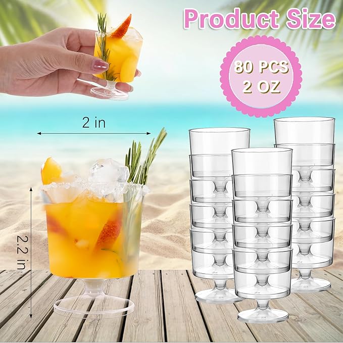 Dyrfolm 80 Pack Mini Dessert Cups,2 oz Clear Plastic Wine Glasses,2 oz Clear Plastic Dessert Cups,Disposable Shot Glasses,Parfait Appetizer Cups Mousse Cups for Party Wedding Birthday Tasting