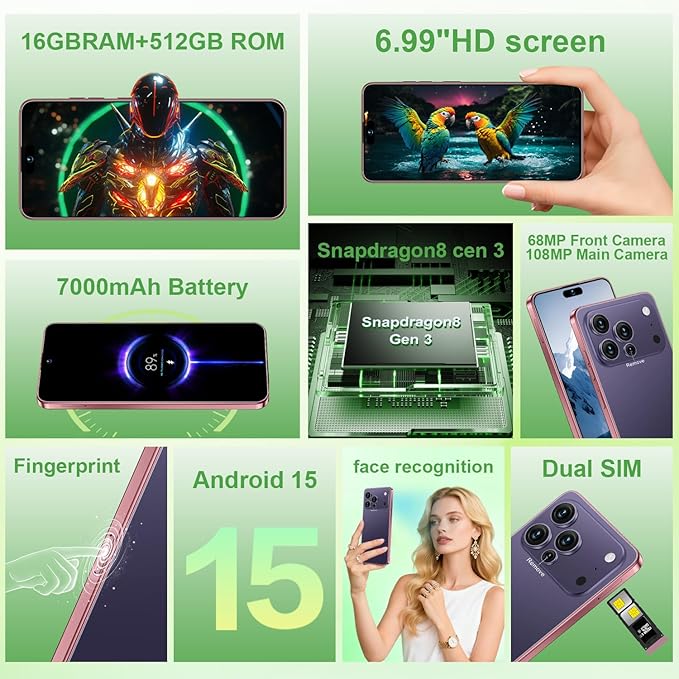 Huness I17PROMAX Smartphone Unlocked Cell Phone,6.99" HD Screen Unlocked Phone,16+512GB Android 15 Battery 7000mAh,Face ID/Dual SIM/5G/Fingerprint Button Unlock/Photos/GPS (Deep Purple, 16+512G)