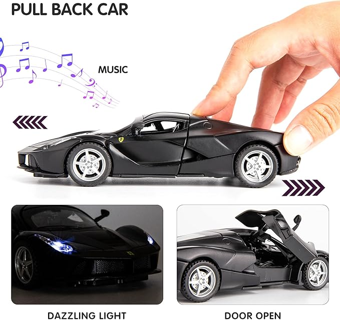BDTCTK 1:32 Farrari Car Model Pull Back Car with Sound and Light for Kids Boy Girl, Metal Body Door Opened Black