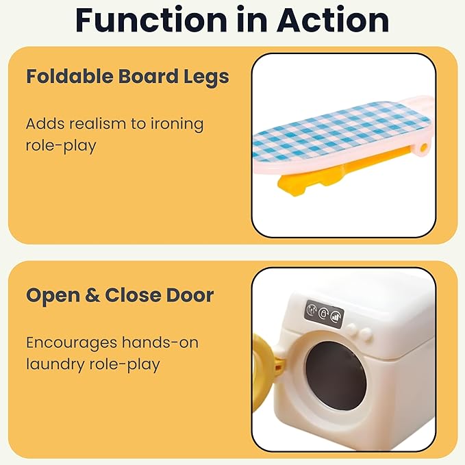 Family Dollhouse Laundry Set — Washing Machine, Ironing Board & Iron, Vacuum, Storage Stand & Rolling Cart — Dollhouse Furniture & Accessories for Ages 3+
