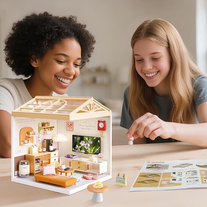 BeepZipp DIY Miniature House Kit for Adults, LED Living Room Dollhouse Kit with Furniture & Roof, Creative Building Toy for Mini Figures, Adult Craft Kits & Room Decor Gift