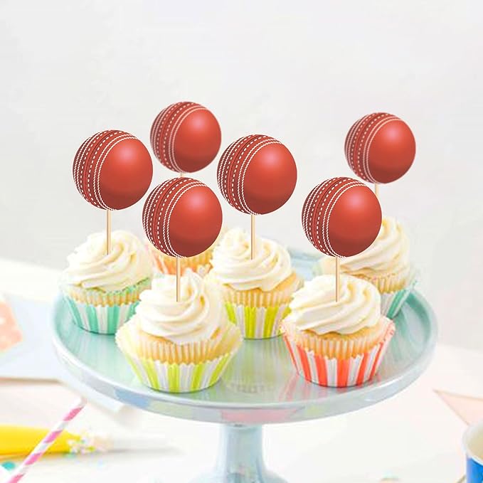 Ercadio 24 Pack Double Sided Cricket Cupcake Toppers Sports Ball Cricket Cupcake Picks Cricket Theme Birthday Cake Decorations for Baby Shower Kids Birthday Party Cake Decorations Supplies, Red-1
