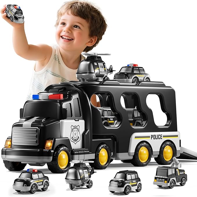 5 in 1 Police Car Carrier Truck Toy for Kids Ages 4-8, Police Truck with Light and Sound, Transporting Vehicle Boy Trucks Toy Sets, Kids Toys 3-5, Birthday Gifts for Boys Girls Aged 4-6 5-7