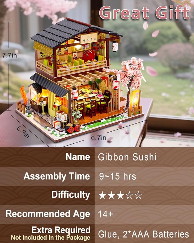 OurMiao Miniature House Kit – Gibbon Sushi, DIY Wooden Dollhouse for Adults with LED & Furniture, Tiny House Craft Gift for Teens Families Friends