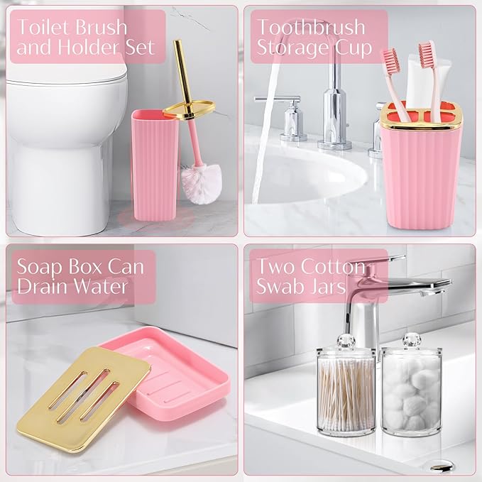 WSBArt 17PCS Bathroom Accessory Set Pink Bathroom Set Bathroom Accessories,Toilet Brush, Trash Can, Qtip Holder Dispenser& 3PCS Soap Dispenser